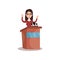 Female politician character standing behind rostrum with raising hands and giving a speech, public speaker, political