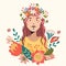 Female portrait with flowers. Vector illustration