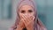 Female portrait outdoors islamic girl young adult muslim woman angry serious negative scared lady stands in city wears