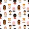 Female portrait seamless pattern. Women trendy faces, modern multi ethnic girls heads, european and african people, contemporary