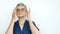 Female portrait of serious grandmother with grey hair and face with wrinkles wearing eyeglasses on white background