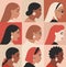 Female portraits of different nationalities, ethnicity. Girls profile faces avatars vector collection. cultural diversity concept