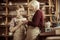 Female potters in aprons holding clay vase standing at workshop