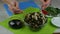 The female prepares a kelp salad. Close-up female hands stir seaweed salad with Chinese wooden chopsticks. Raw fresh