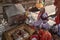 Female priest at footprint of Goddess Kalika outside Mahakali Temple, Chandrapur