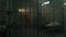 Female prisoner walks in jail cell, looks at barred window