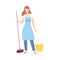 Female Professional Cleaner with Bucket and Broom, Cleaning Company Staff Character Dressed in Uniform with Equipment