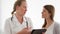 Female professional doctor at work. Woman physician with stethoscope consulting patient in clinic