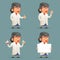 Female professor expert scientist genius character icons set retro cartoon design vector illustration