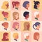 Female profile faces. Women portraits, various nationality, brunette, blonde, redhead female characters. Girls avatars