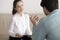 Female psychologist consulting male patient, job interview, busi