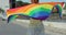 Female is raising up LGBT pride flag, waving it. Lgbt women dancing with pride rainbow flag.