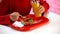 Female in red pullover drinking orange juice and eating vegetable salad in cafe