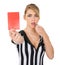 Female Referee With Red Card And Whistle