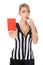 Female Referee With Red Card And Whistle