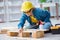 Female repairman carpenter cutting joining wooden planks doing r