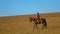 Female rider horseback riding a strong powerful brown stallion horse. Slow motion