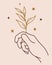 The female right hand holds a branch. Golden twig with leaves sparkles. Boho symbol for magical rituals, spiritualistic practices