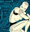 Female robot with artificial intelligence, sits pensively on the background of circuit board. Can illustrate the idea of