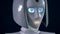 A female robot with blue digital eyes and a blinking mouth line. 4K.