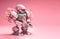 Female robot with flower to use as Valentine post card on a pink background. Generative AI