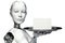 Female robot holding a serving tray with a blank card advertisement