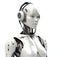 A female robot listening to music on white background