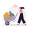 Female rolls cart with gold coins. Employee rolling cart with money. Businesswoman invest or save money. Concept of