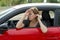 Female rookie new driver young beautiful woman scared and stressed while driving car in fear and shock