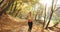 Female runner in the park. Woman looks straight in the camera while she runs along the path in the autumn park covered