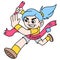 Female runner to win Olympics across the finish line ribbon, doodle icon image kawaii