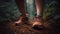 female runner wearing hiking boots in the forest. Generative Ai