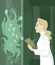 Female scientist examining a strange alien creature in a lab