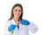 Female scientist wearing blue safety glasses and smiling with hold beaker chemical isolated