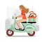Female scooter driver with a dog in a basket on the city background. Woman driver character riding moped. Vector illustration in