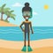 Female scuba diver on beach vector illustration.