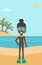 Female scuba diver on beach vector illustration.