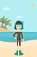 Female scuba diver on beach vector illustration.