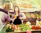 Female seller assisting customer to buy fruit and vegetables in