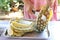 Female seller\'s hands using a knife to pare pineapple
