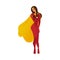 Female sexy superhero and superwoman with long hair and flying cloak standing, shy and flirting.