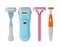 Female shaving razor set isolated on white background. Woman hygiene shavers, trimmer and epilator