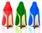 Female shiny colored stilettos on a white background