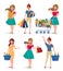 Female shopping vector characters set. Girl shopper holding shopping bags