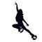 Female silhouette doing straddle jump or lounge in kangoo jump boots. Girl dancing in bounce shoes during HIIT