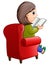 Female sitting on red sofa and reading book