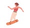 Female skateboarder riding skateboard. Young skater performing trick on long board. Summer street activity. Colored flat