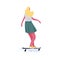 Female skateboarder riding skateboard. Young woman skater standing on board. Extreme sport with longboard. Summer street