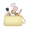 Female skin care cosmetic products in cosmetic bag. Bag full of typical woman things and accessories as eyeshadow, nail