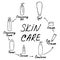Female skin care. A hand-drawn set of icons. Girl and products of cosmetic care. Skin care inscription. Vector illustration